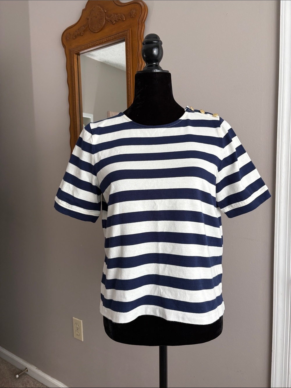 J. Crew Navy and White Striped Short Sleeve Tee with gold buttons